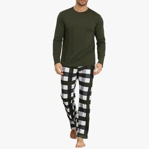 Kuyigo Green Long Sleeve Pajama Top with Checkered Pajama Pants